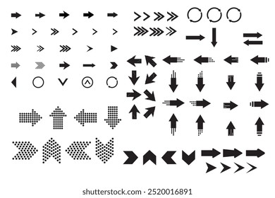 Black arrows in various designs and directions on a white background. Includes circular, dotted, and solid styles. Ideal for navigation, interface, or infographic design projects.