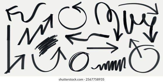 Black arrows in various styles, including curved, zigzag, and circular. Hand-drawn arrows in black, with bold and thin lines. Arrows pointing in different directions. Hand drawn doodles set. Vectors.