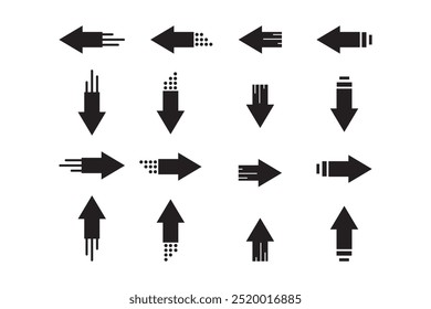 Black arrows in various styles pointing in different directions on a white background. Geometric designs with unique patterns ideal for navigation, business, or infographic use.