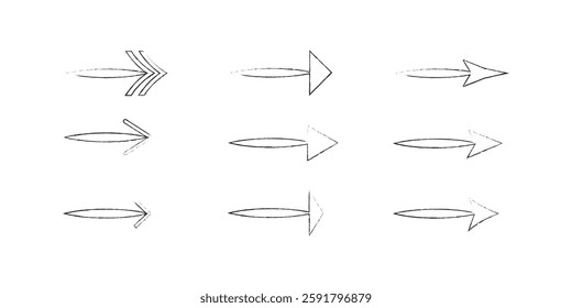 Black arrows vector set. Collection of arrows in grunge style. Black arrows vector set, grunge arrows collection, rough sketch, textured arrow icons, hand-drawn directional, brushstroke