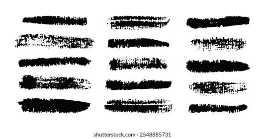 Black art brush strokes with different textures and lengths, suitable for use in graphic design, digital art, or as backgrounds in creative projects. Textboxes or frames.