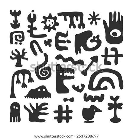 Black Art Creatures, Monster Shapes Set Doodle Figures for Community or Mythical Nightmares Concept Flat Design Style. Vector illustration