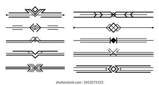 Black art deco dividers. Vintage black ornaments, decorative divider	