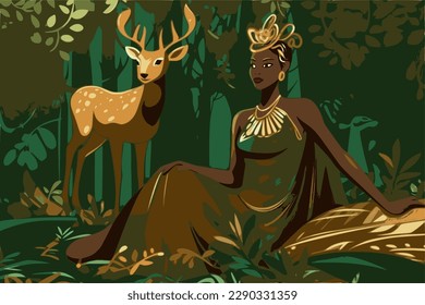 Black Artemis or Diana in golden dress with deer, Greek  roman godess of hunt, moon and women