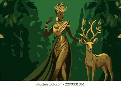 Black Artemis or Diana in golden dress with deer, Greek  roman godess of hunt, moon and women