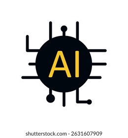 Black artificial intelligence chip icon with yellow AI text and circuit lines