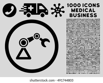 Black Artificial Manipulator vector rounded icon. Image style is a flat icon symbol inside a circle, light gray background. Bonus set is 1000 health care business design elements.