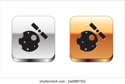 Black Artificial satellites orbiting the planet Earth in outer space icon isolated on white background. Communication, navigation concept. Silver-gold square button. Vector Illustration
