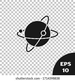 Black Artificial satellites orbiting the planet Earth in outer space icon isolated on transparent background. Communication, navigation concept.  Vector Illustration