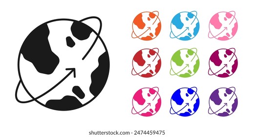 Black Artificial satellites orbiting the planet Earth in outer space icon isolated on white background. Communication, navigation concept. Set icons colorful. Vector