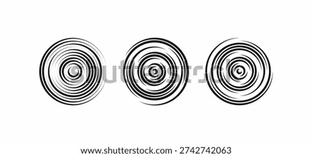 Black artistic circular ripples with textured brush strokes, concentric ring vector set for target, logo, or signal icons