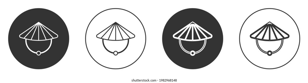 Black Asian or Chinese conical straw hat icon isolated on white background. Circle button. Vector