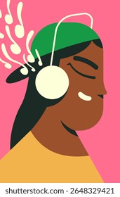 Black Asian Girl ouvindo música em fones de ouvido desfrutando de sua música favorita. Jovem personagem feminina com fones de ouvido cantarolando sua trilha sonora favorita. Ilustração de vetor plano