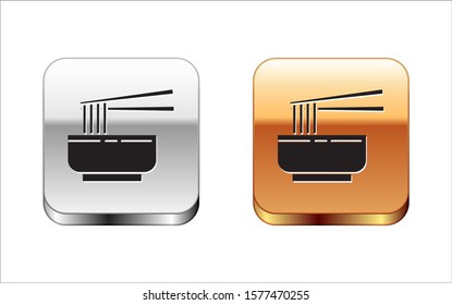 Black Asian noodles in bowl and chopsticks icon isolated on white background. Street fast food. Korean, Japanese, Chinese food. Silver-gold square button. Vector Illustration