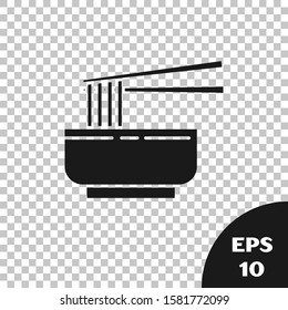 Black Asian noodles in bowl and chopsticks icon isolated on transparent background. Street fast food. Korean, Japanese, Chinese food.  Vector Illustration