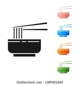 Black Asian noodles in bowl and chopsticks icon isolated on white background. Street fast food. Korean, Japanese, Chinese food. Set icons colorful. Vector Illustration