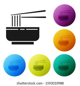 Black Asian noodles in bowl and chopsticks icon isolated on white background. Street fast food. Korean, Japanese, Chinese food. Set icons colorful circle buttons. Vector Illustration