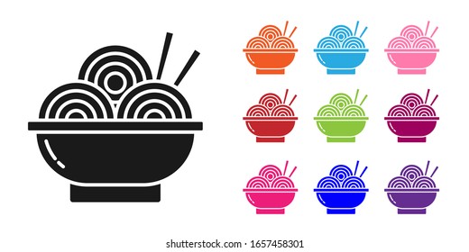 Black Asian noodles in bowl and chopsticks icon isolated on white background. Street fast food. Korean, Japanese, Chinese food. Set icons colorful. Vector Illustration