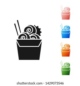 Black Asian noodles in paper box and chopsticks icon isolated on white background. Street fast food menu. Korean, Japanese, Chinese food. Set icons colorful. Vector Illustration