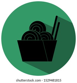 Black Asian noodles in a paper box and chopsticks icon isolated with green circles. street food menu. Korean, Japanese, Chinese food. vector illustration