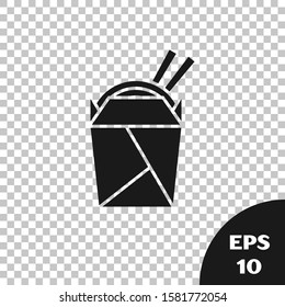 Black Asian noodles in paper box and chopsticks icon isolated on transparent background. Street fast food. Korean, Japanese, Chinese food.  Vector Illustration