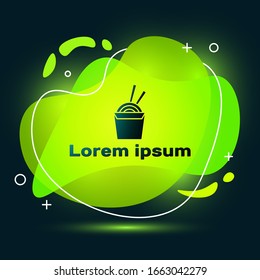 Black Asian noodles in paper box and chopsticks icon isolated on black background. Street fast food. Korean, Japanese, Chinese food. Abstract banner with liquid shapes. Vector Illustration