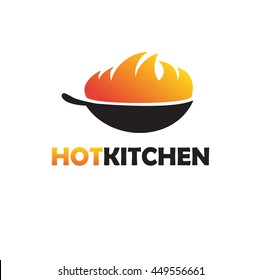 Black Asian Wok Pan with Fire. Wok logotype illustration. Restaurant, shop or asian fast food cafe logo sign