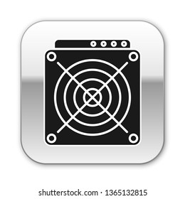 Black ASIC Miner icon isolated on white background. Cryptocurrency mining equipment and hardware. Application specific integrated circuit. Silver square button. Vector Illustration
