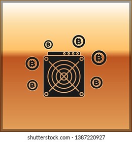 Black ASIC Miner icon isolated on gold background. Cryptocurrency mining equipment and hardware. Application specific integrated circuit. Vector Illustration
