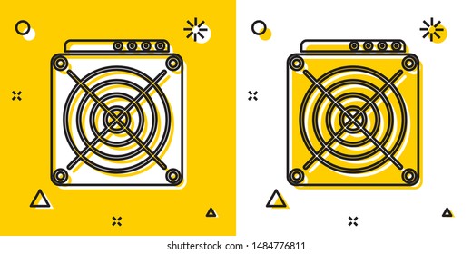 Black ASIC Miner icon isolated on yellow and white background. Cryptocurrency mining equipment and hardware. Application specific integrated circuit. Random dynamic shapes. Vector Illustration