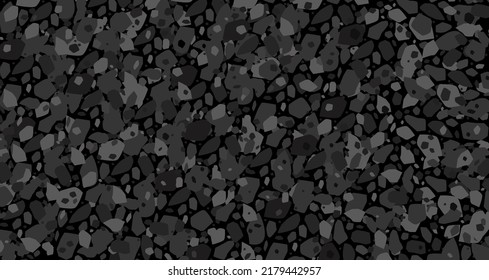 Black asphalt vector texture. Bitumen gray pattern. Road grainy shape. Street close up background. Tarmac surface macro view. Highway grit material. Seamless stone floor. Dark concrete gravel