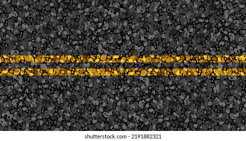 Black Asphalt Vector Texture. Bitumen Gray Pattern. Yellow Double Continuous Marking On Asphalt. Road Grainy Shape. Street Close Up Background. Highway Grit Material. Realistic Seamless Tar Road