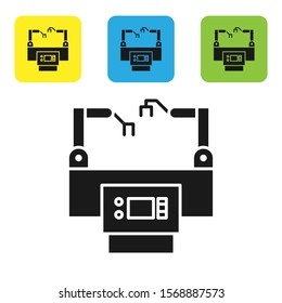 Black Assembly line icon isolated on white background. Automatic production conveyor. Robotic industry concept. Set icons colorful square buttons. Vector Illustration