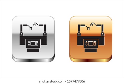 Black Assembly line icon isolated on white background. Automatic production conveyor. Robotic industry concept. Silver-gold square button. Vector Illustration