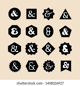 Black assorted geometrical shapes emblems set with white different ampersand fonts icons set on pink background