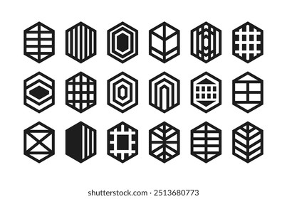 Black assorted isolated thick outline pointy hexagon shapes emblems icons set design elements on white background