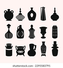 Schwarze sortierte, einfache Silhouette und Details trendige Vasen, Container, Schalen, Töpfe und Gläser abstrakte Symbole Design-Elemente auf hellbeigem Hintergrund