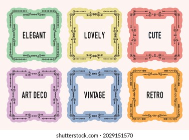 Black assorted swirl modern and elegant art deco line frames design element set with colorful thick background borders on light pink