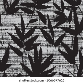 Black aster vector seamless pattern. Hand drawn silhouettes of spring  flowers. Dry brush style floral motives. Black paint illustration with branches and leaves. Monochrome print