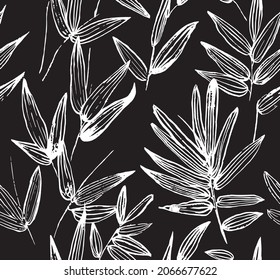 Black aster vector seamless pattern. Hand drawn silhouettes of spring  flowers. Dry brush style floral motives. Black paint illustration with branches and leaves. Monochrome print