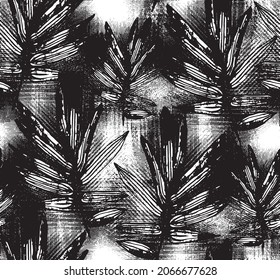 Black aster vector seamless pattern. Hand drawn silhouettes of spring  flowers. Dry brush style floral motives. Black paint illustration with branches and leaves. Monochrome print