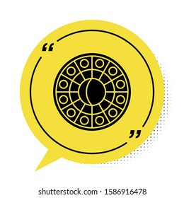 Black Astrology horoscope circle with zodiac icon isolated on white background. Yellow speech bubble symbol. Vector Illustration