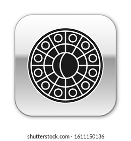 Black Astrology horoscope circle with zodiac icon isolated on white background. Silver square button. Vector Illustration
