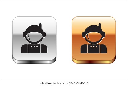 Black Astronaut icon isolated on white background. Silver-gold square button. Vector Illustration