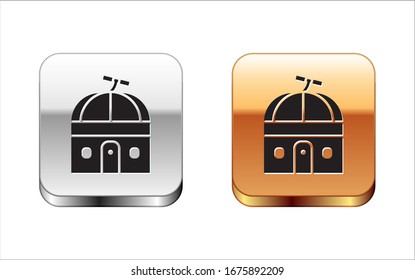 Black Astronomical observatory icon isolated on white background. Observatory with a telescope. Scientific institution. Silver-gold square button. Vector Illustration