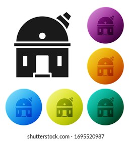 Black Astronomical observatory icon isolated on white background. Observatory with a telescope. Scientific institution. Set icons in color circle buttons. Vector Illustration
