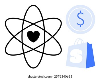 Black atom with heart at the center, blue circle with dollar sign, and blue shopping bag with large S. Ideal for technology, science, economics, shopping, and love themes. Simple vector style