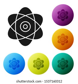 Black Atom icon isolated on white background. Symbol of science, education, nuclear physics, scientific research. Electrons and protons sign. Set icons colorful circle buttons. Vector Illustration