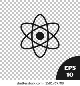 Black Atom icon isolated on transparent background. Symbol of science, education, nuclear physics, scientific research.  Vector Illustration
