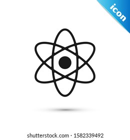Black Atom icon isolated on white background. Symbol of science, education, nuclear physics, scientific research.  Vector Illustration